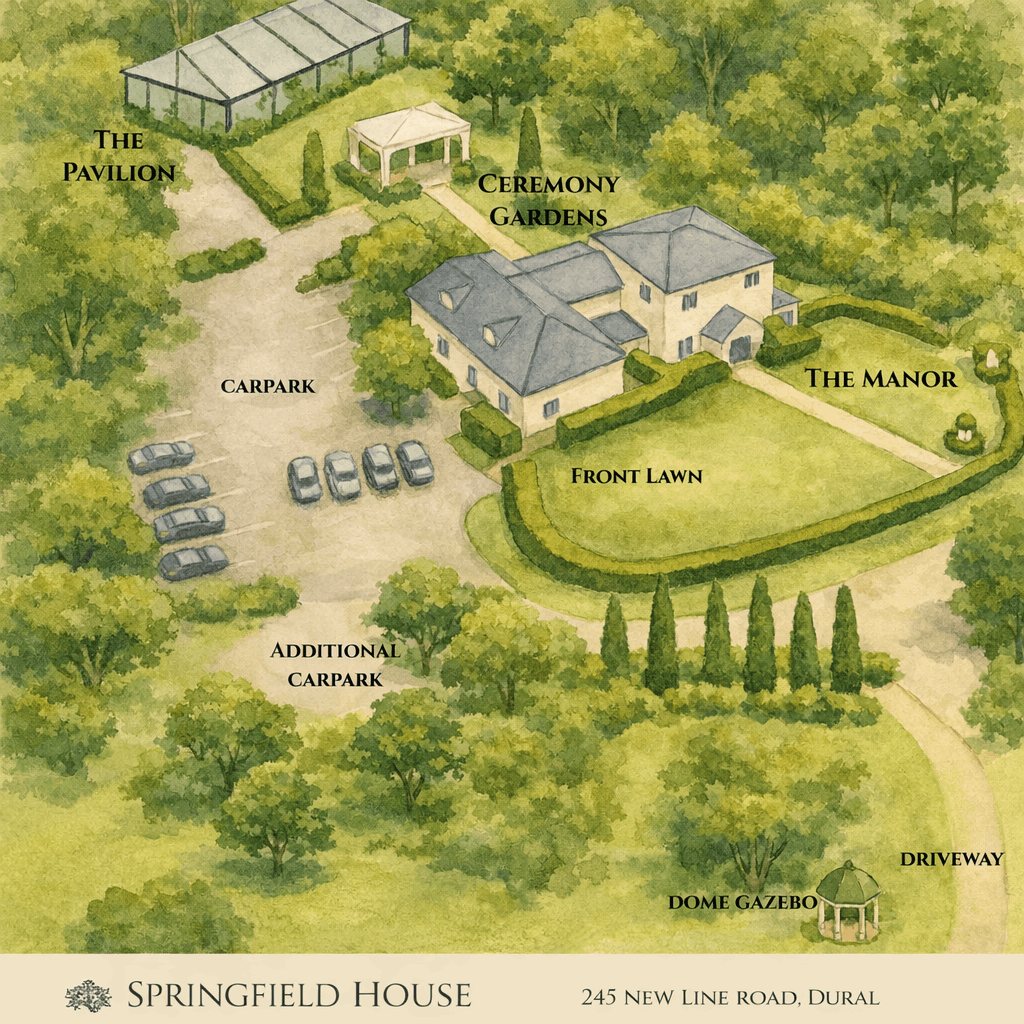 Illustrated map of the Springfield House estate: The Pavilion, the ceremony gardens, The Manor, the front lawn, the car parks and the driveway