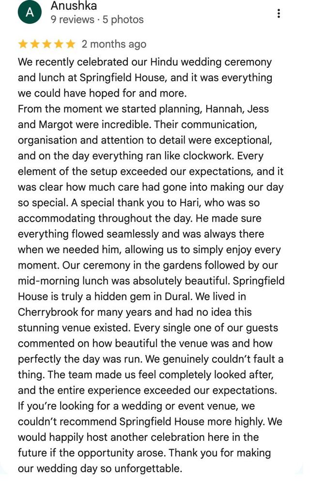 Five-star Google review from Anushka